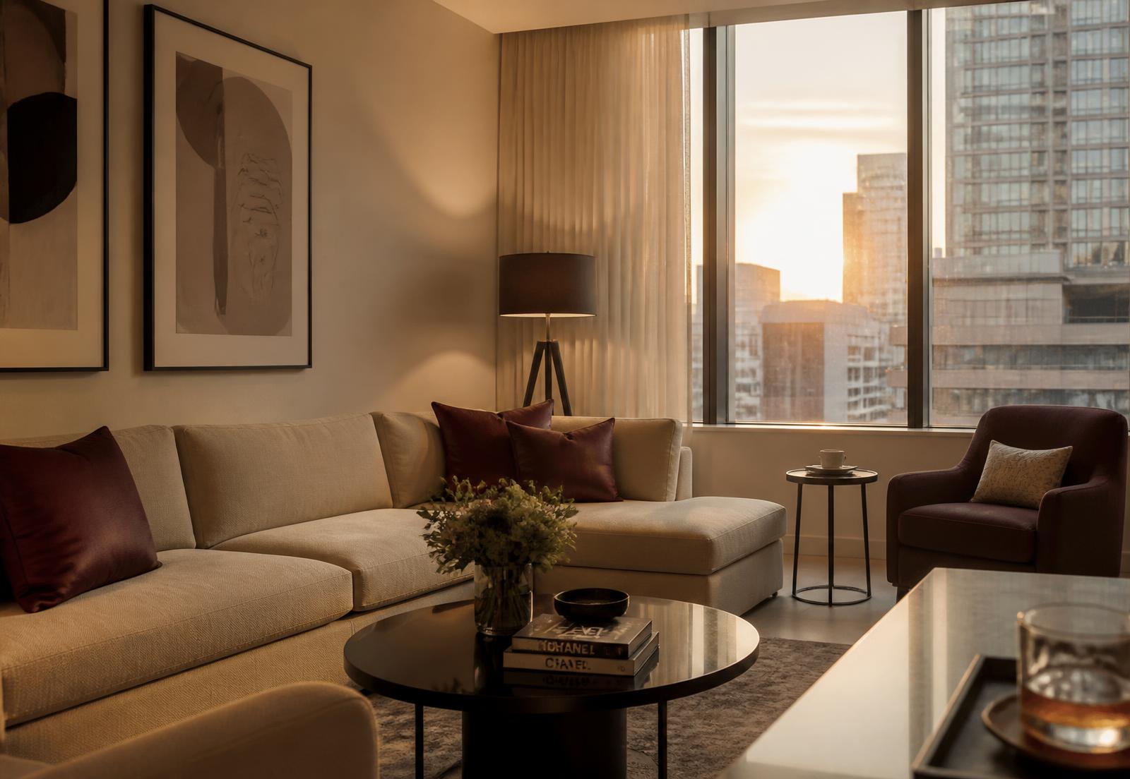 Furnished living area in an Aangan short-stay apartment