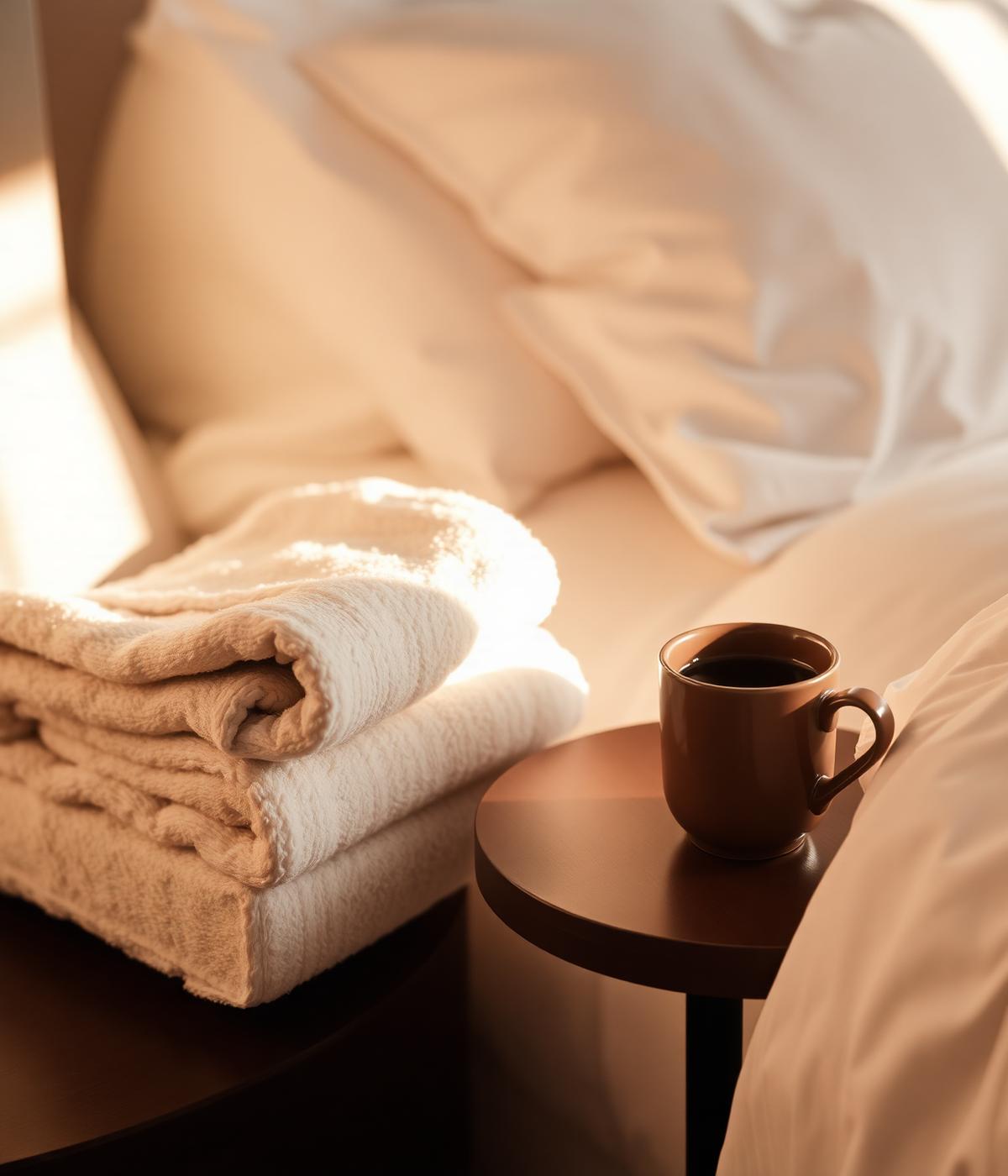 Folded linen and morning coffee prepared before an Aangan guest arrives