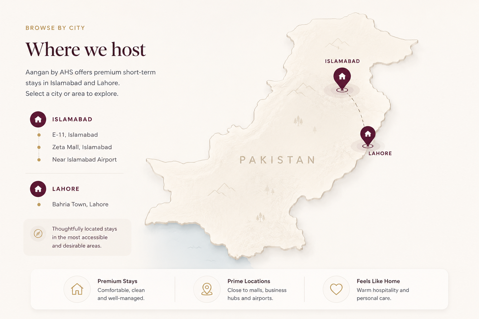 Aangan by AHS locations in Pakistan showing short-term stays in Islamabad and Lahore