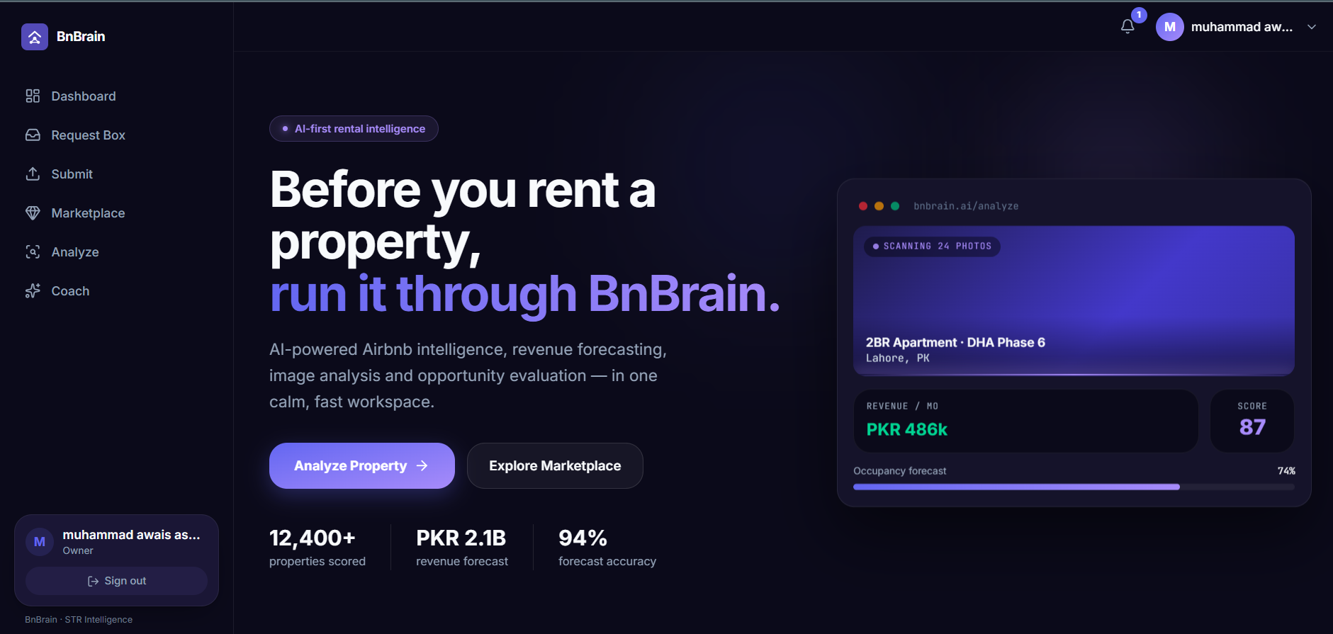 BnBrain AI property intelligence dashboard showing a property analysis with a monthly revenue forecast, opportunity score and occupancy forecast