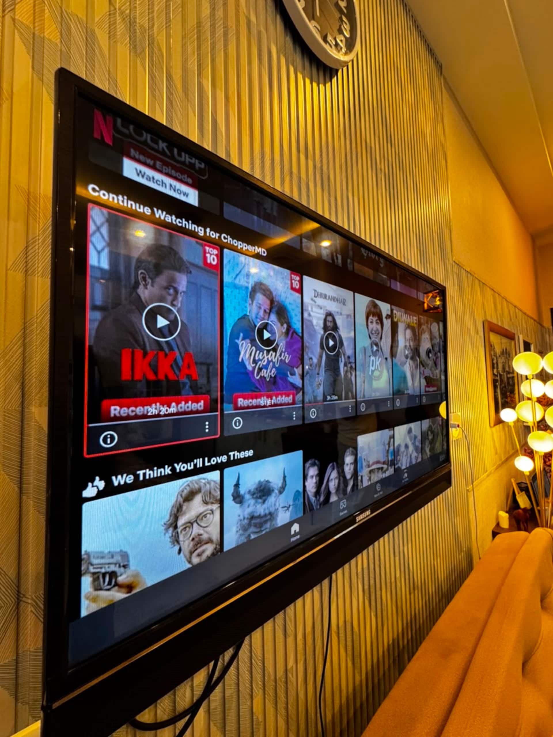 Smart TV with Netflix open in the Aangan studio apartment near Islamabad International Airport