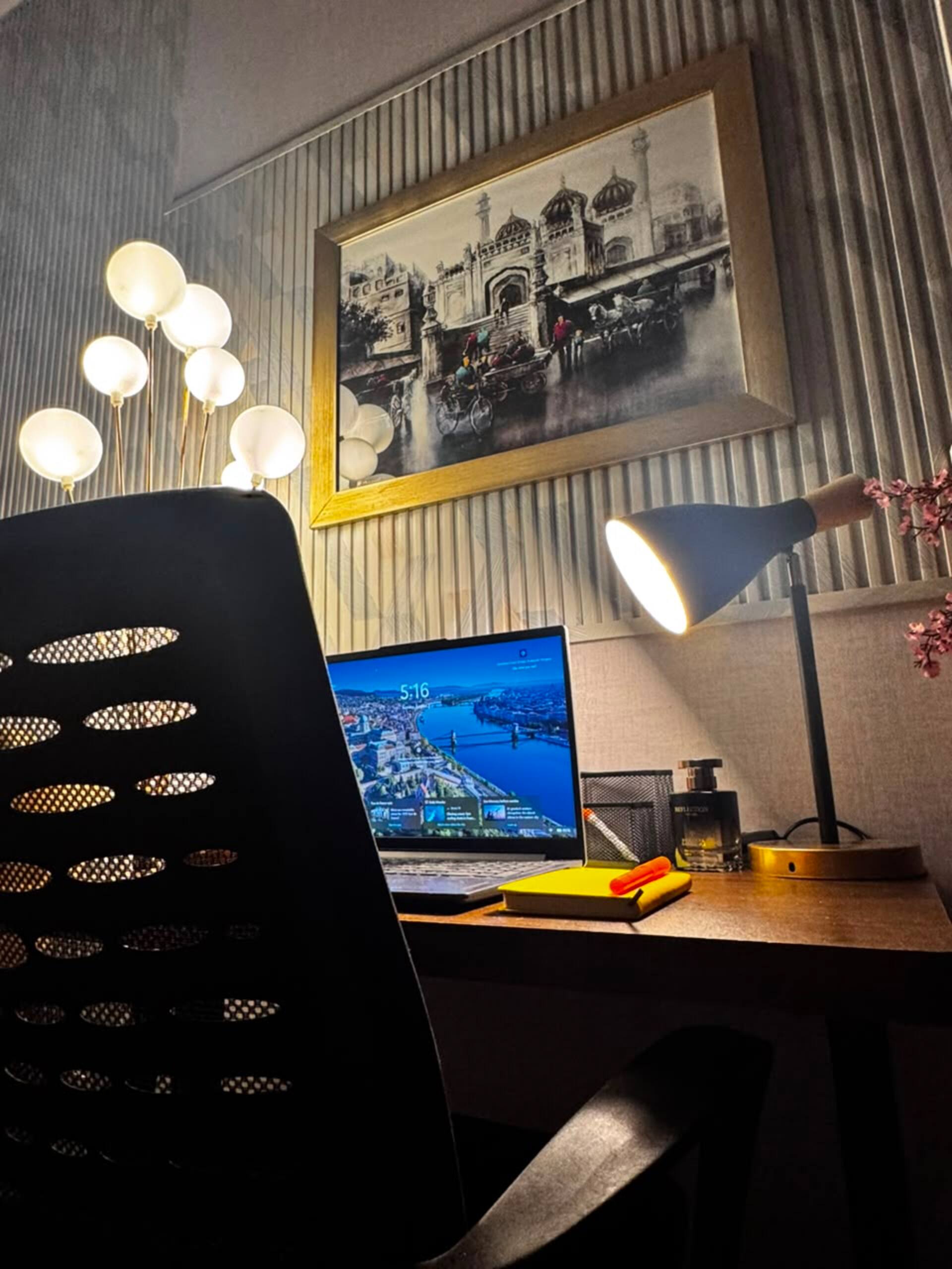 Desk with task lighting set up for working in the Aangan studio apartment near Islamabad International Airport